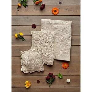 Vintage Crochet Pillow Shams-3 Piece Set-Cotton-Lace-Boho-Farmhouse-Cottagecore